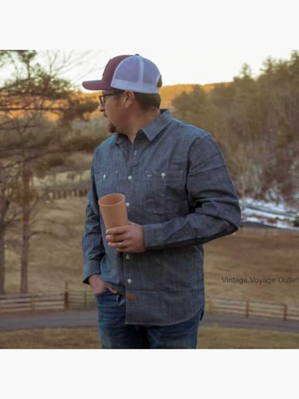 Men's Cotton Chambray Button Down Shirt Long Sleeve Regular Fit Two Pockets - Picture 4 of 6